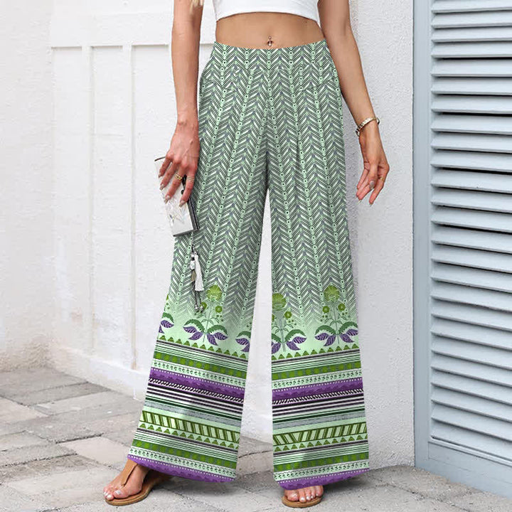 Buddha Stones Cotton Linen Bohemian Geometric Zigzag Pattern Women's Elastic Waist Wide Leg Pants With Pockets - image 7