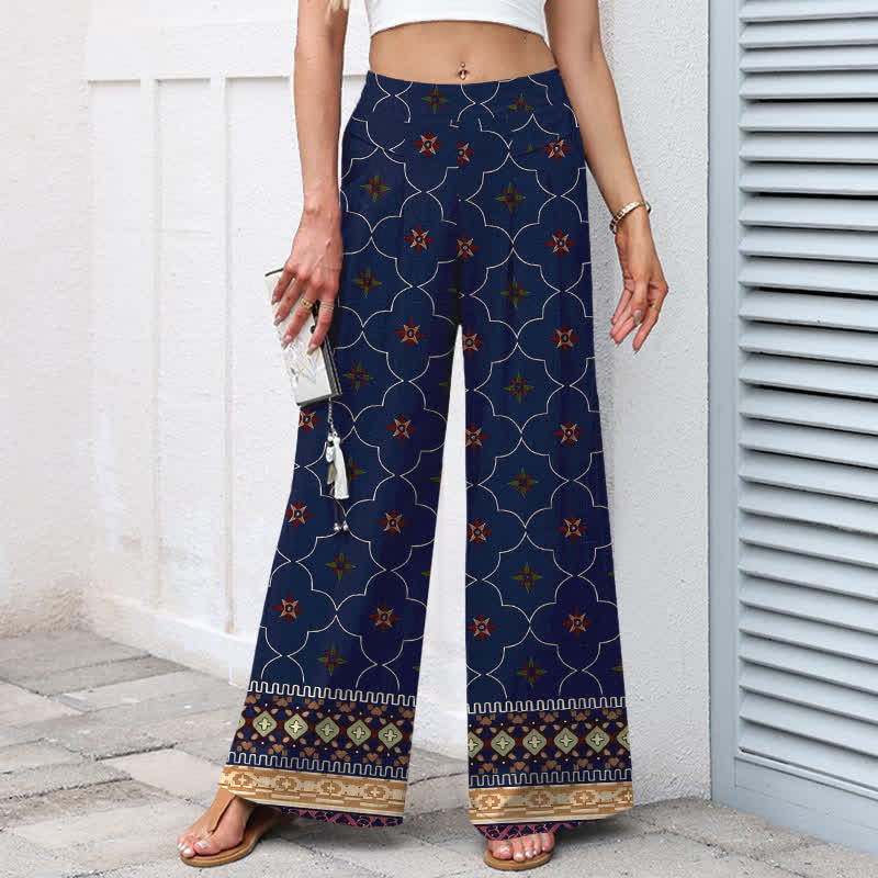 Buddha Stones Cotton Linen Bohemian Geometric Floral Lines Pattern Women's Elastic Waist Wide Leg Pants With Pockets - image 1