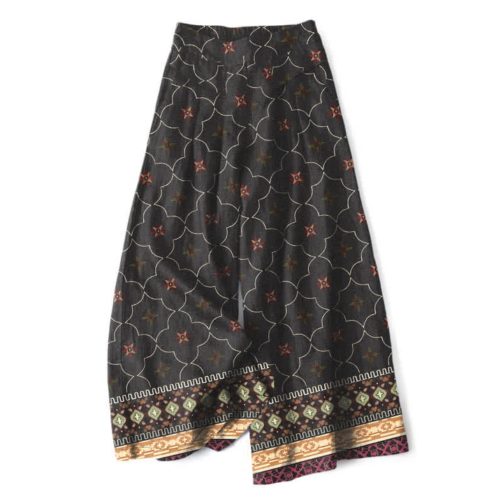 Buddha Stones Cotton Linen Bohemian Geometric Floral Lines Pattern Women's Elastic Waist Wide Leg Pants With Pockets - Black - US16，UK/AU20，EU48 (3XL) - image 4