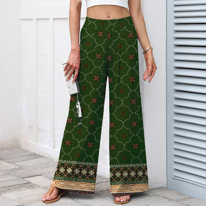 Buddha Stones Cotton Linen Bohemian Geometric Floral Lines Pattern Women's Elastic Waist Wide Leg Pants With Pockets - image 7