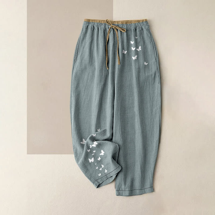 Buddha Stones Pure Cotton White Butterfly Pattern Women's Elastic Waist Pants With Pockets - LightBlue - US16，UK/AU20，EU48 (3XL) - image 0