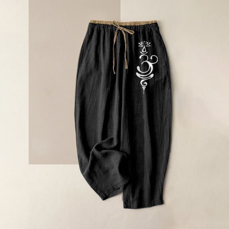 Buddha Stones Pure Cotton Sacred Om Lotus Pattern Women's Elastic Waist Pants With Pockets - Black - US16，UK/AU20，EU48 (3XL) - image 4