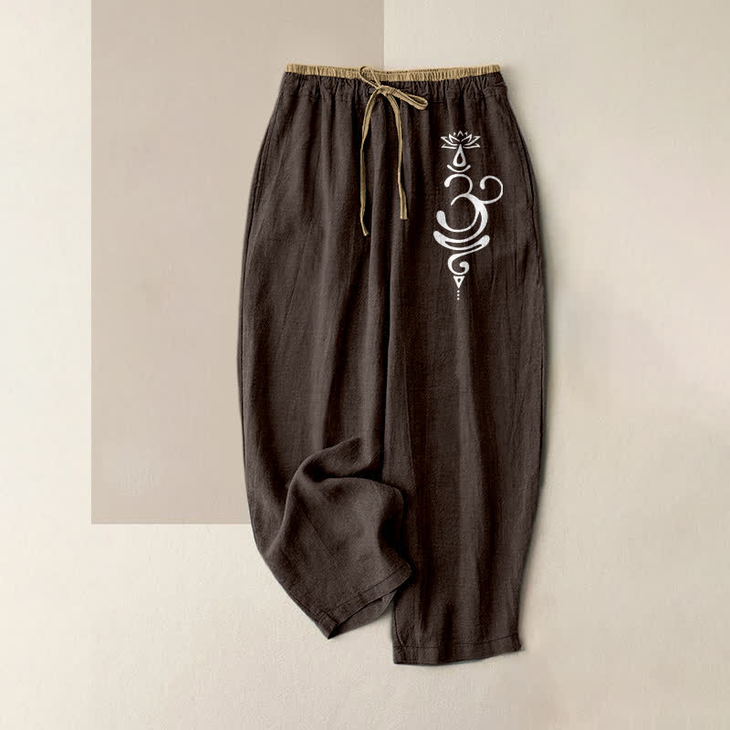 Buddha Stones Pure Cotton Sacred Om Lotus Pattern Women's Elastic Waist Pants With Pockets - SaddleBrown - US16，UK/AU20，EU48 (3XL) - image 0