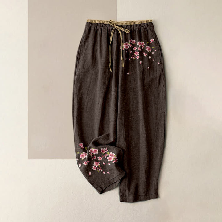 Buddha Stones Pure Cotton Pink Blossom Pattern Women's Elastic Waist Pants With Pockets - SaddleBrown - US16，UK/AU20，EU48 (3XL) - image 8