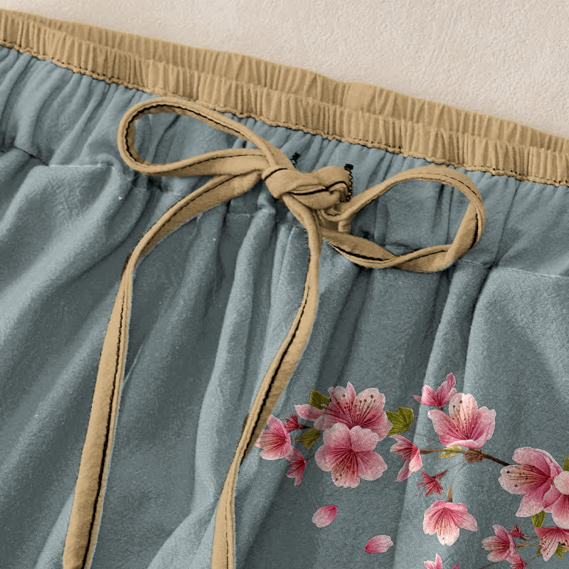 Buddha Stones Pure Cotton Pink Blossom Pattern Women's Elastic Waist Pants With Pockets - image 5