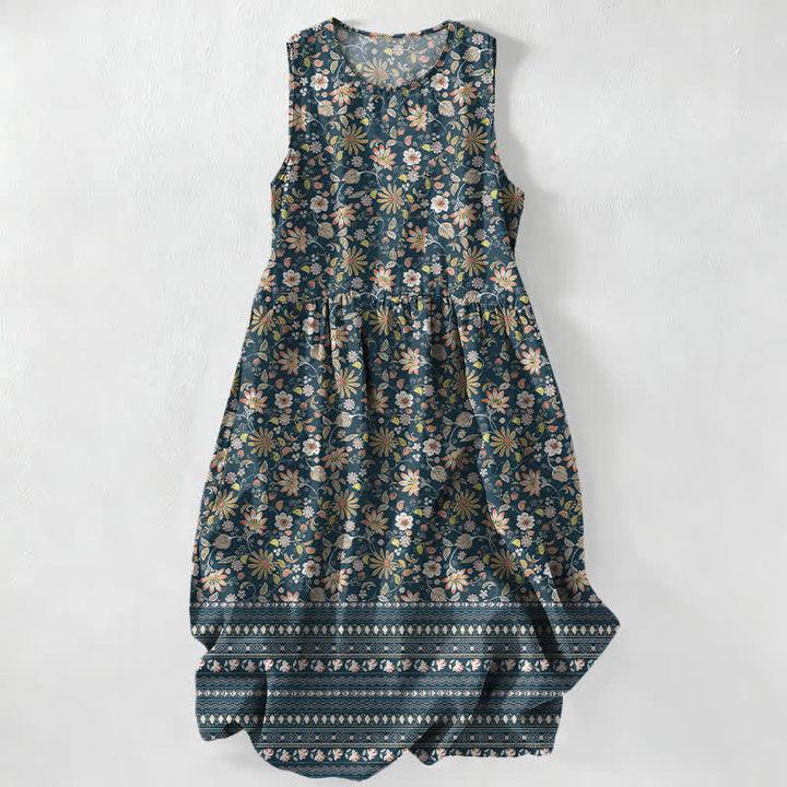 Buddha Stones Summer Casual Vintage Floral Leaves Stripe Pattern Women's Summer Sleeveless Midi Dress With Pockets - SteelBlue - US16，UK/AU20，EU48 (3XL) - image 0