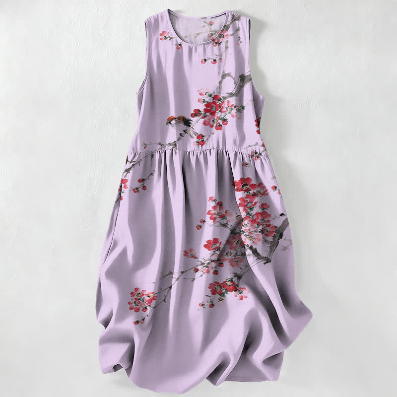 Buddha Stones Summer Casual Pink Blossom Branches Pattern Women's Summer Sleeveless Midi Dress With Pockets - Thistle - US16，UK/AU20，EU48 (3XL) - image 4