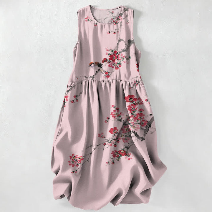 Buddha Stones Summer Casual Pink Blossom Branches Pattern Women's Summer Sleeveless Midi Dress With Pockets - LightPink - US16，UK/AU20，EU48 (3XL) - image 5
