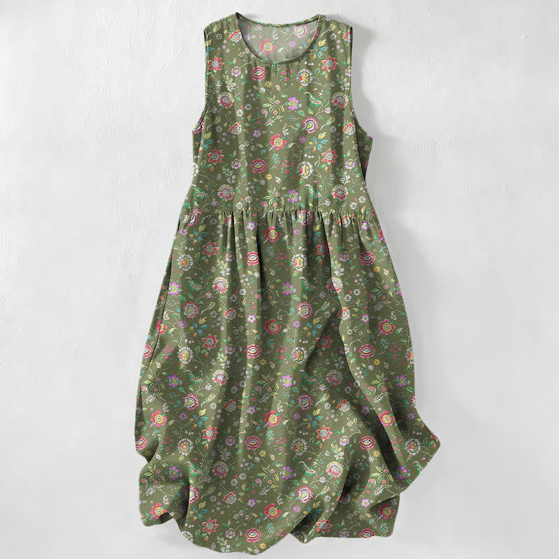 Buddha Stones Summer Casual Vintage Wildflower Leaves Pattern Women's Summer Sleeveless Midi Dress With Pockets - DarkOliveGreen - US16，UK/AU20，EU48 (3XL) - image 4