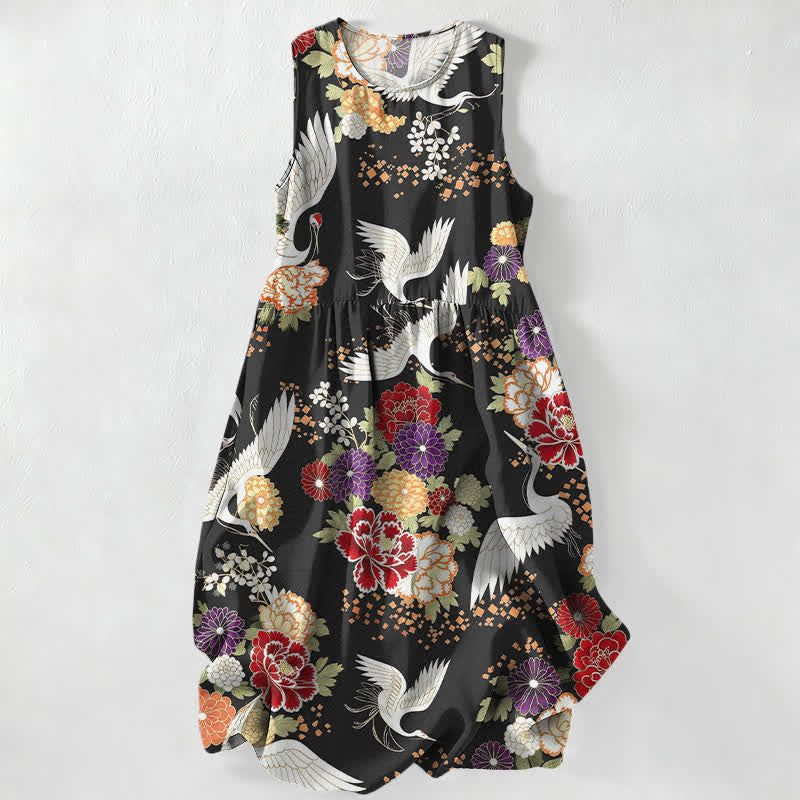 Buddha Stones Summer Casual Vintage Crane Floral Pattern Women's Summer Sleeveless Midi Dress With Pockets - Black - US16，UK/AU20，EU48 (3XL) - image 0
