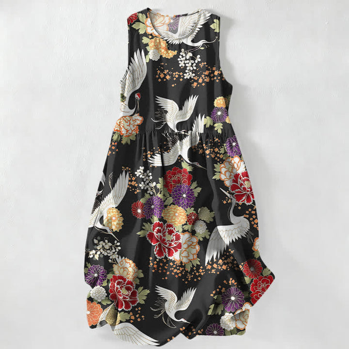 Buddha Stones Summer Casual Vintage Crane Floral Pattern Women's Summer Sleeveless Midi Dress With Pockets - Black - US16，UK/AU20，EU48 (3XL) - image 0