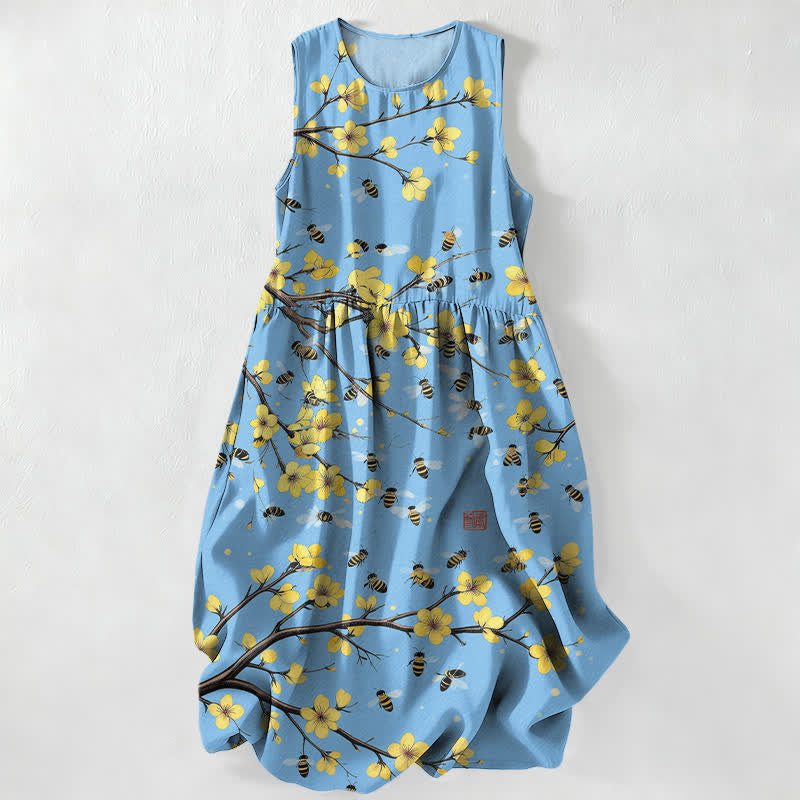Buddha Stones Summer Casual Yellow Floral Branch Pattern Women's Summer Sleeveless Midi Dress With Pockets - LightBlue - US16，UK/AU20，EU48 (3XL) - image 5