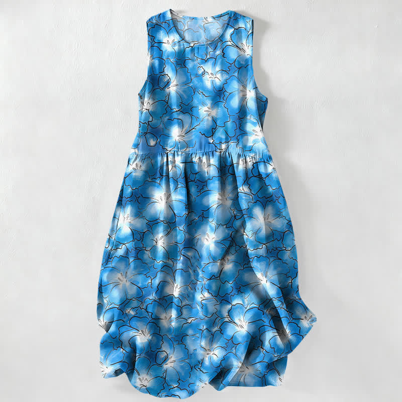 Buddha Stones Summer Casual White Floral Petal Pattern Women's Summer Sleeveless Midi Dress With Pockets - CornflowerBlue - US16，UK/AU20，EU48 (3XL) - image 0