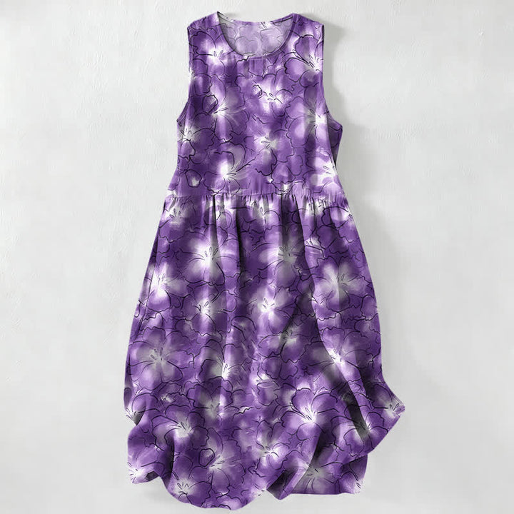 Buddha Stones Summer Casual White Floral Petal Pattern Women's Summer Sleeveless Midi Dress With Pockets - MediumPurple - US16，UK/AU20，EU48 (3XL) - image 5