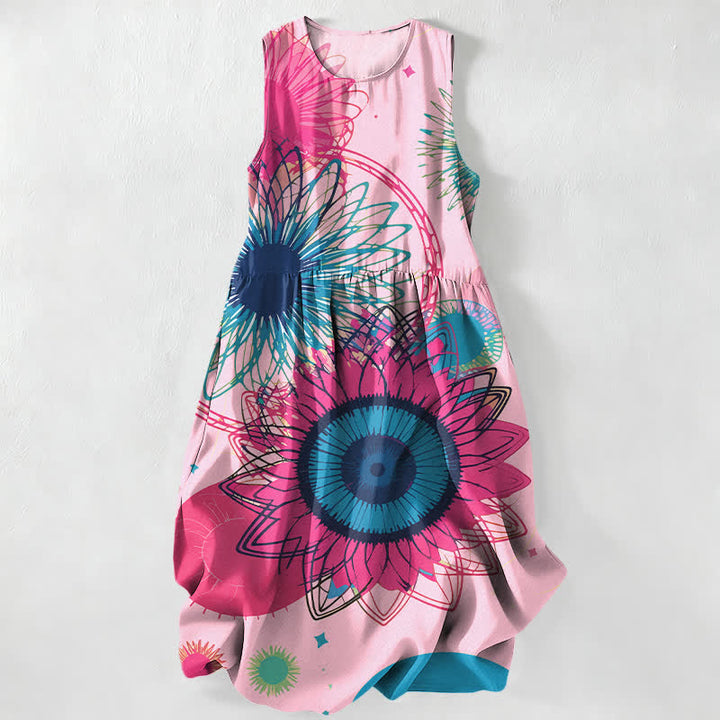 Buddha Stones Summer Casual Radiant Big Sunflowers Floral Burst Pattern Women's Summer Sleeveless Midi Dress With Pockets - LightPink - US16，UK/AU20，EU48 (3XL) - image 4