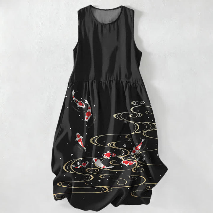 Buddha Stones Summer Casual Koi Fish Ripple Pattern Women's Summer Sleeveless Midi Dress With Pockets - Black - US16，UK/AU20，EU48 (3XL) - image 0
