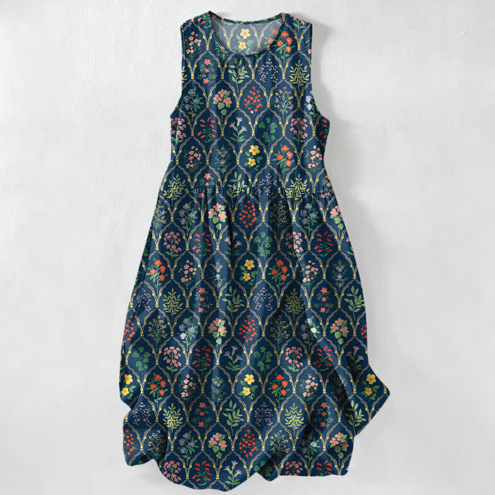 Buddha Stones Summer Casual Various Colorful Floral Vine Pattern Women's Summer Sleeveless Midi Dress With Pockets - MidnightBlue - US16，UK/AU20，EU48 (3XL) - image 0