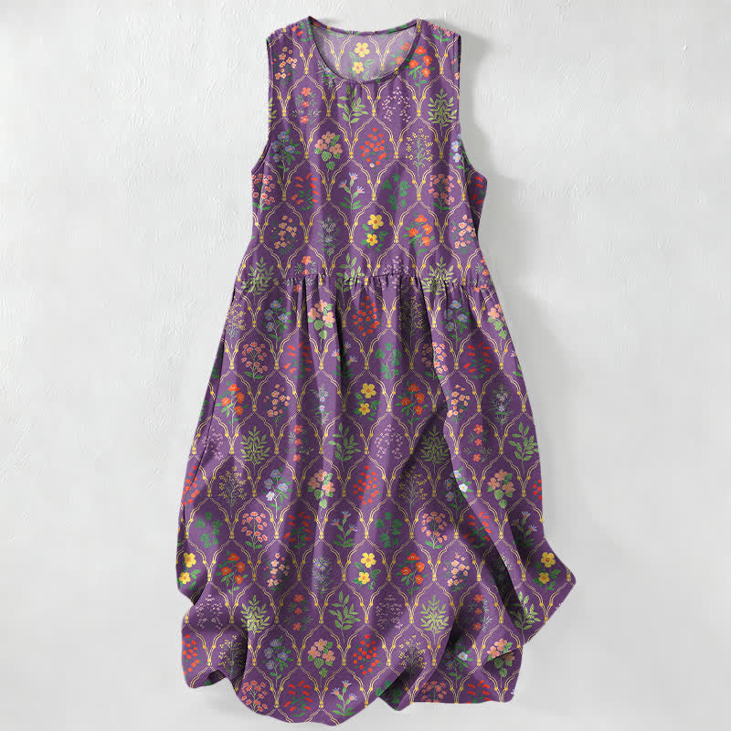 Buddha Stones Summer Casual Various Colorful Floral Vine Pattern Women's Summer Sleeveless Midi Dress With Pockets - Purple - US16，UK/AU20，EU48 (3XL) - image 5
