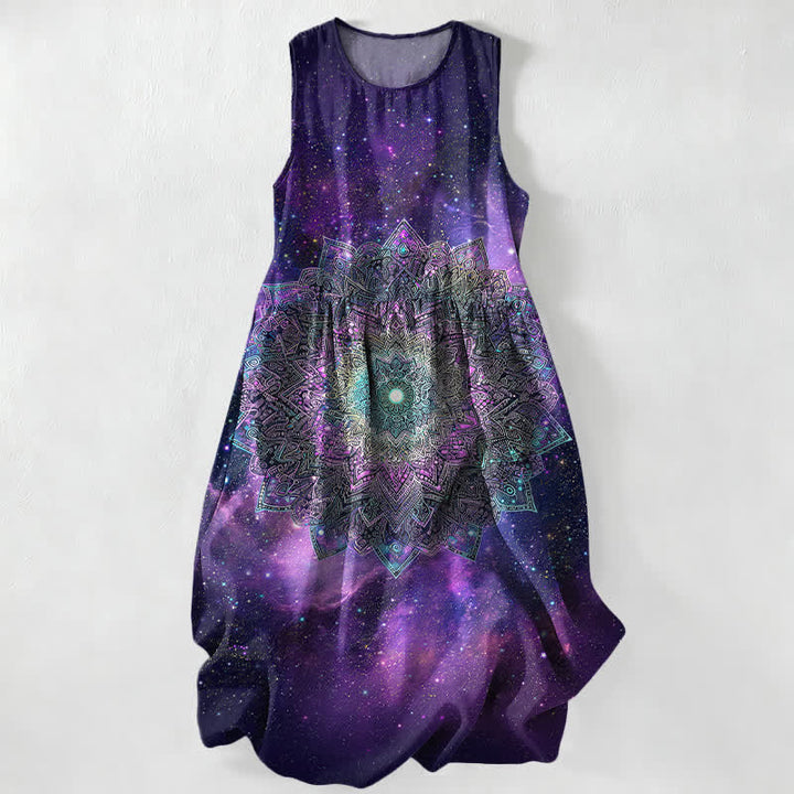 Buddha Stones Summer Casual Cosmic Mandala Galaxy Pattern Women's Summer Sleeveless Midi Dress With Pockets - Indigo - US16，UK/AU20，EU48 (3XL) - image 0