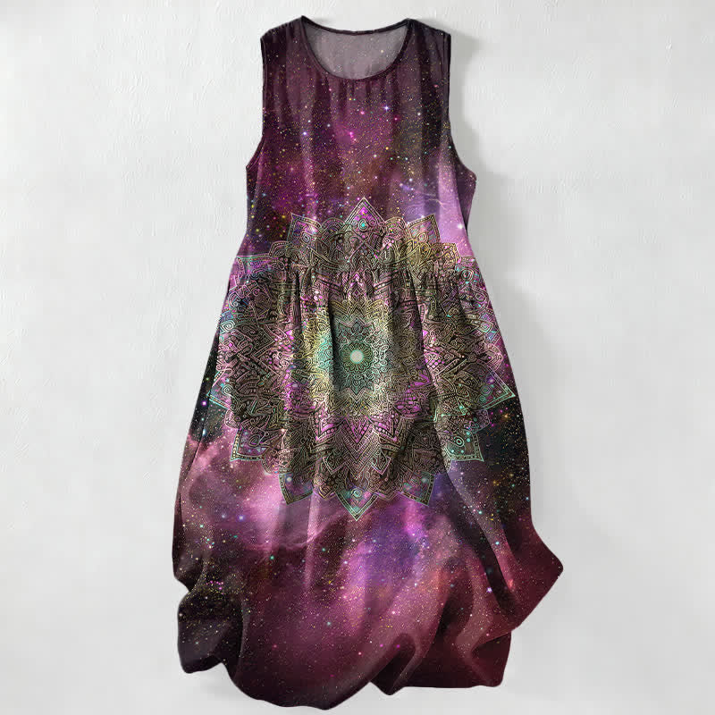 Buddha Stones Summer Casual Cosmic Mandala Galaxy Pattern Women's Summer Sleeveless Midi Dress With Pockets - Purple - US16，UK/AU20，EU48 (3XL) - image 4