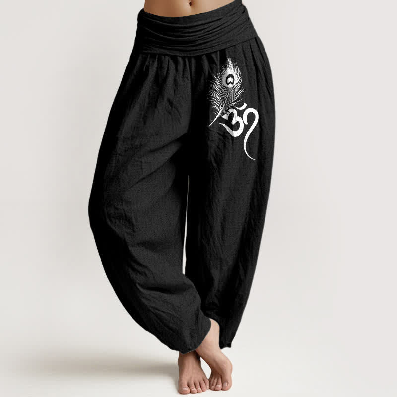 Buddha Stones Pure Cotton Om Feather Pattern Women's Elastic Waist Harem Pants - Black - US16，UK/AU20，EU48 (3XL) - image 5