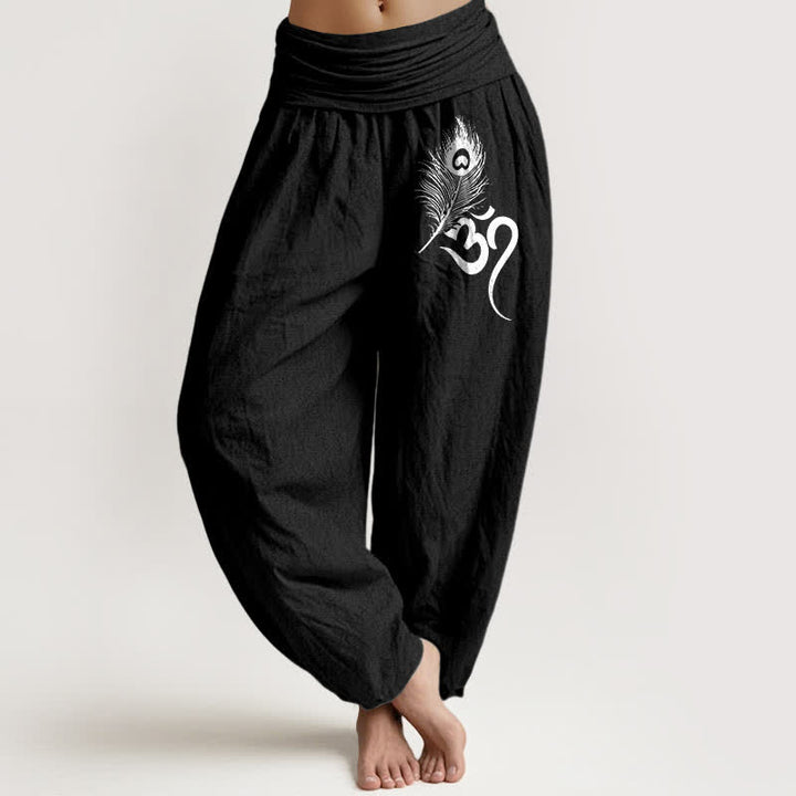 Buddha Stones Pure Cotton Om Feather Pattern Women's Elastic Waist Harem Pants - Black - US16，UK/AU20，EU48 (3XL) - image 5