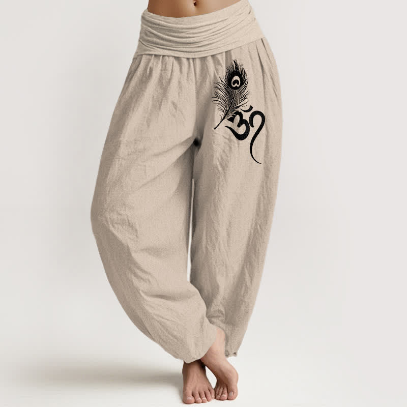 Buddha Stones Pure Cotton Om Feather Pattern Women's Elastic Waist Harem Pants - Tan - US16，UK/AU20，EU48 (3XL) - image 14