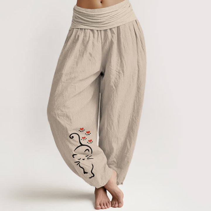 Buddha Stones Pure Cotton Cat Line Cartoon Pattern Women's Elastic Waist Harem Pants - Tan - US16，UK/AU20，EU48 (3XL) - image 0