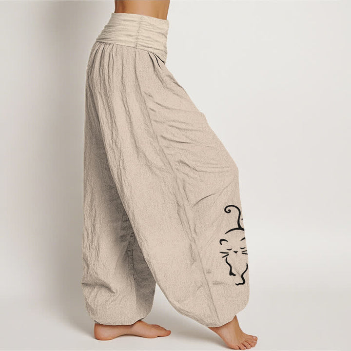 Buddha Stones Pure Cotton Cat Line Cartoon Pattern Women's Elastic Waist Harem Pants - image 2