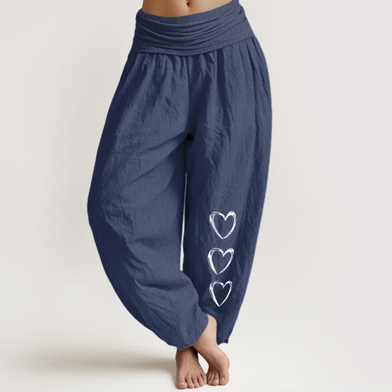 Buddha Stones Pure Cotton Three Love Heart Pattern Women's Elastic Waist Harem Pants - DarkSlateBlue - US16，UK/AU20，EU48 (3XL) - image 5
