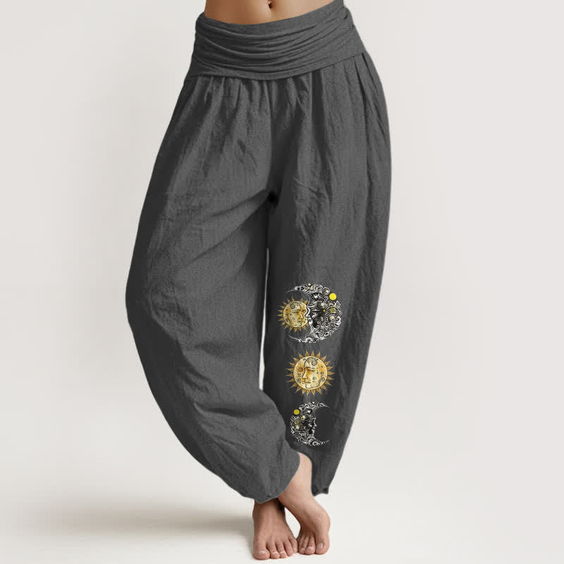 Buddha Stones Pure Cotton Sun and Moon Pattern Women's Elastic Waist Harem Pants - DimGray - US16，UK/AU20，EU48 (3XL) - image 8