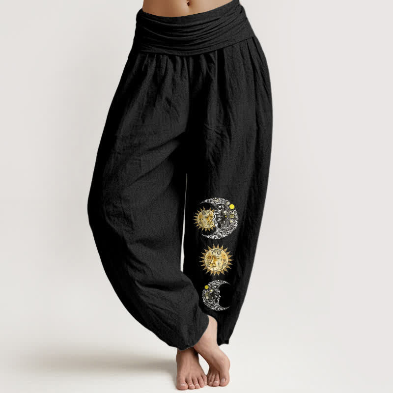 Buddha Stones Pure Cotton Sun and Moon Pattern Women's Elastic Waist Harem Pants - Black - US16，UK/AU20，EU48 (3XL) - image 0