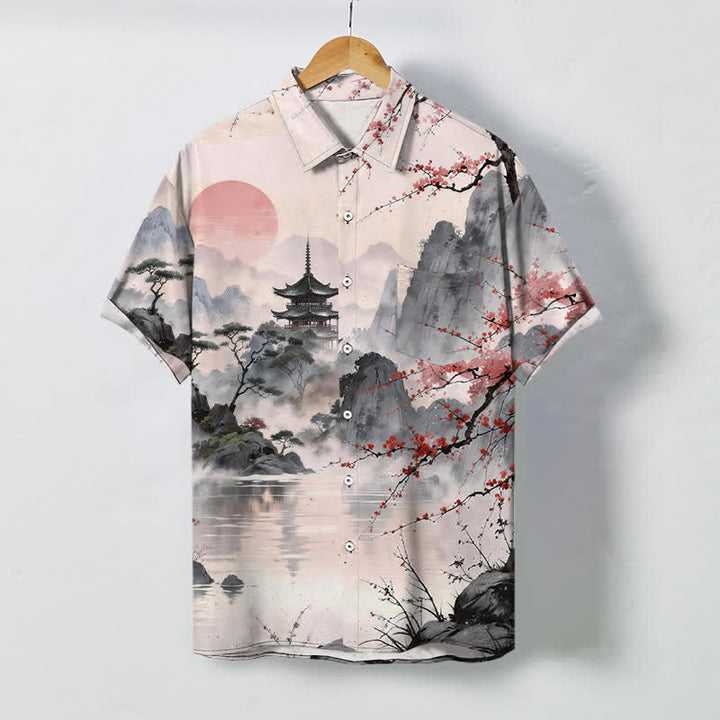 Buddha Stones Ink Landscape Pavilion Blossom Pattern Buttons Breathable Men's Short Sleeve Shirt - Linen - US/UK/AU48，EU58 (4XL) - image 0