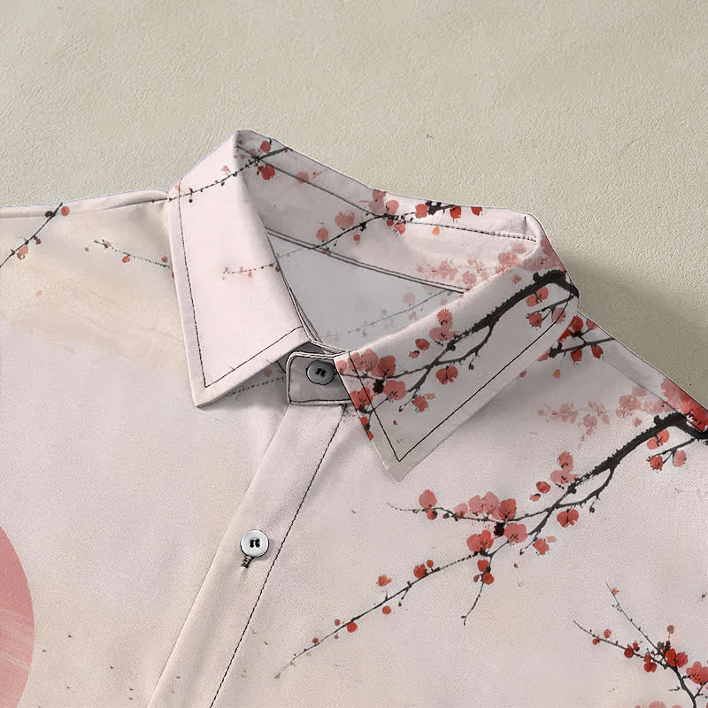 Buddha Stones Ink Landscape Pavilion Blossom Pattern Buttons Breathable Men's Short Sleeve Shirt - image 2