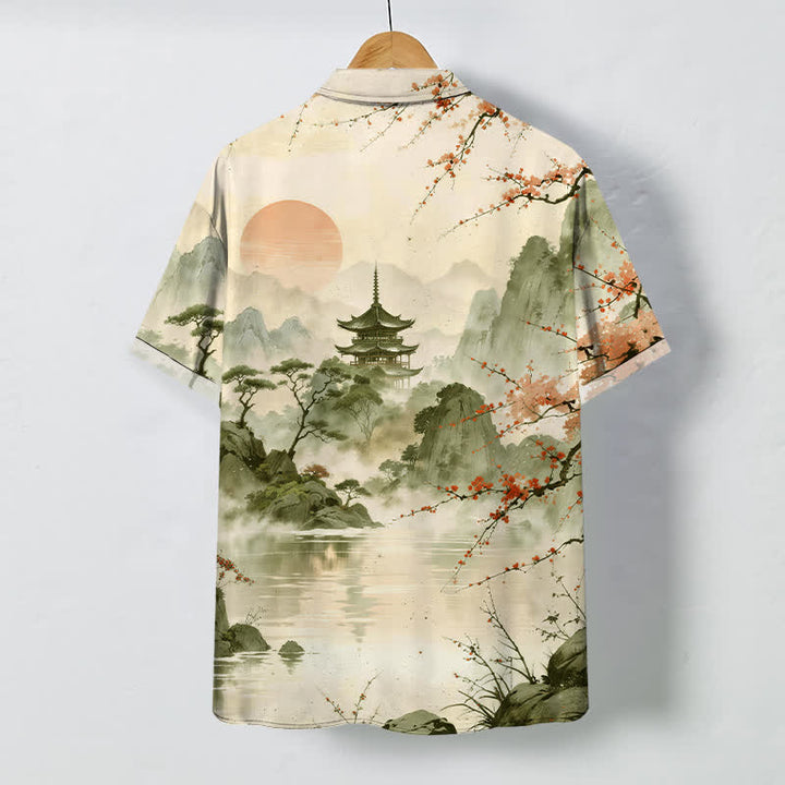 Buddha Stones Ink Landscape Pavilion Blossom Pattern Buttons Breathable Men's Short Sleeve Shirt - image 8