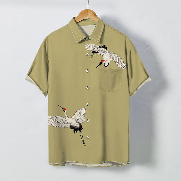 Buddha Stones Soaring White Crane Pattern Buttons Breathable Men's Short Sleeve Shirt - DarkKhaki - US/UK/AU48，EU58 (4XL) - image 3