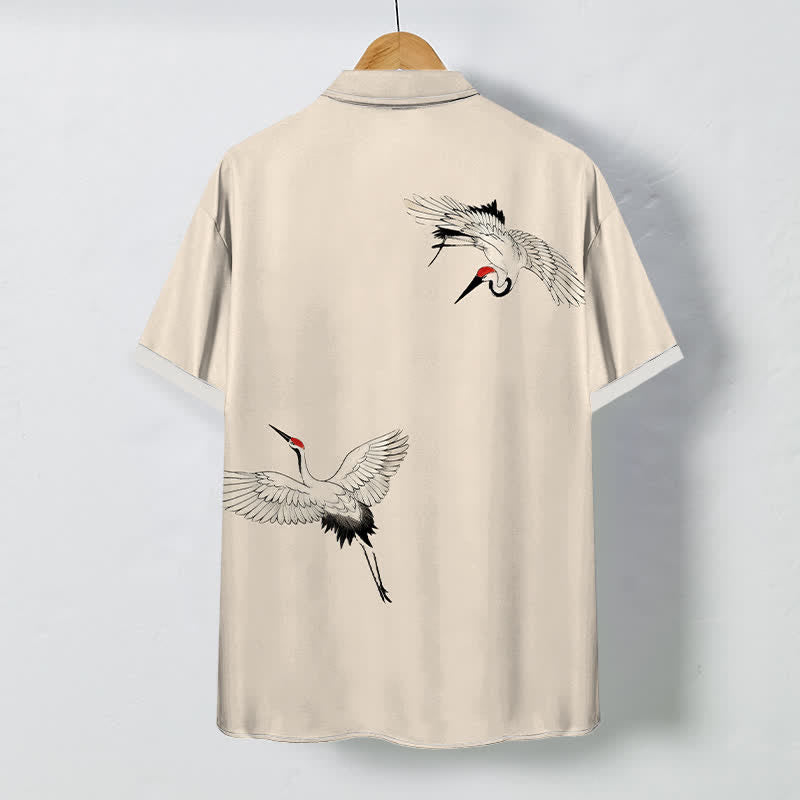 Buddha Stones Soaring White Crane Pattern Buttons Breathable Men's Short Sleeve Shirt - image 6