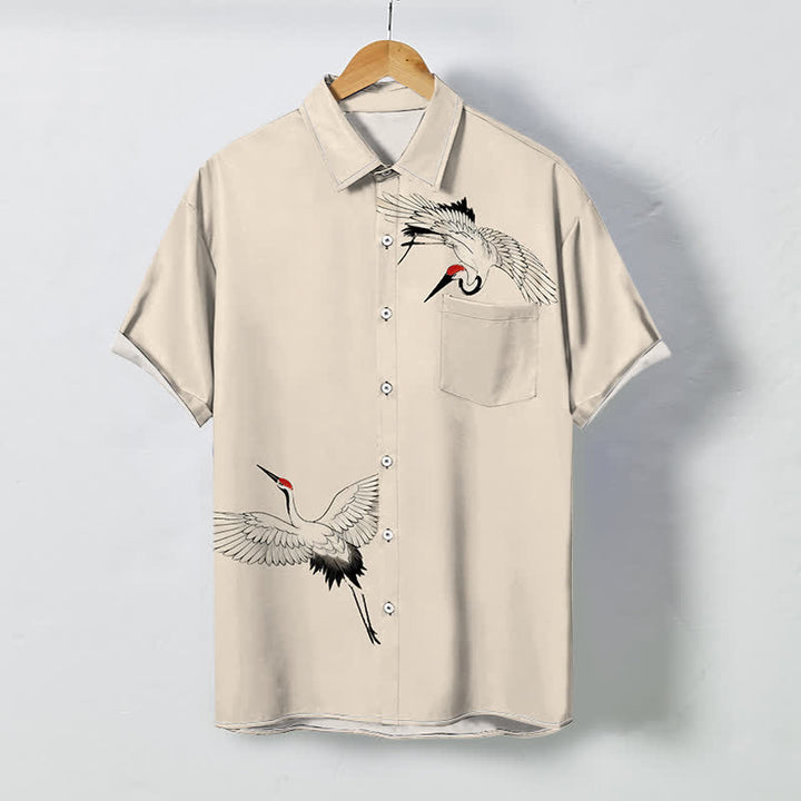 Buddha Stones Soaring White Crane Pattern Buttons Breathable Men's Short Sleeve Shirt - Beige - US/UK/AU48，EU58 (4XL) - image 5