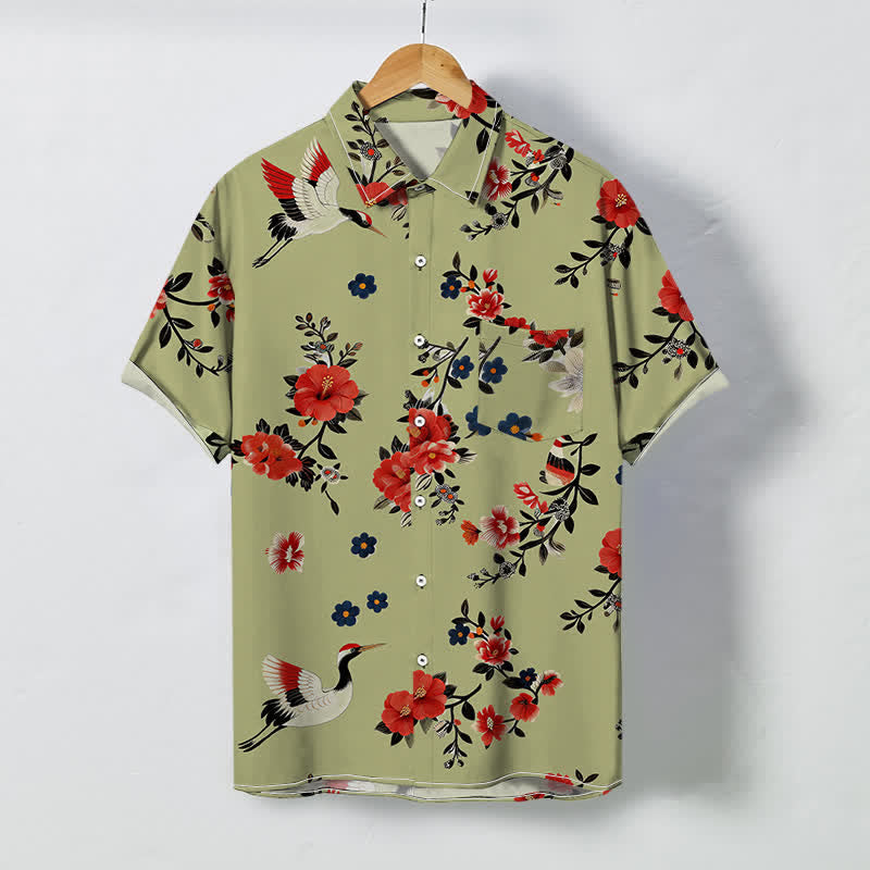 Buddha Stones Crane Blossom Branch Pattern Buttons Breathable Men's Short Sleeve Shirt - DarkKhaki - US/UK/AU48，EU58 (4XL) - image 5