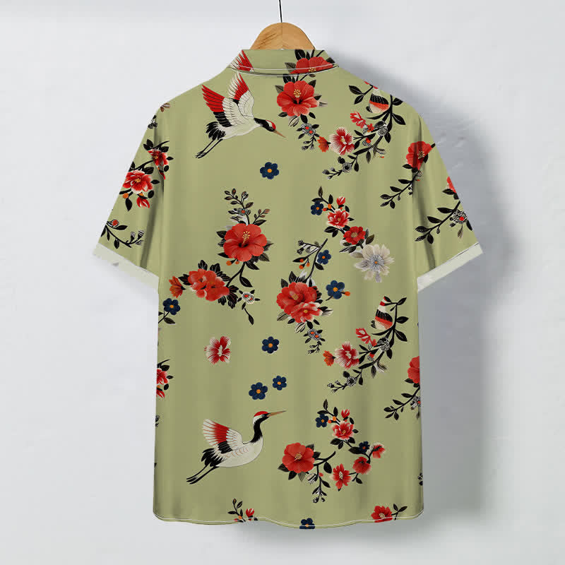 Buddha Stones Crane Blossom Branch Pattern Buttons Breathable Men's Short Sleeve Shirt - image 6
