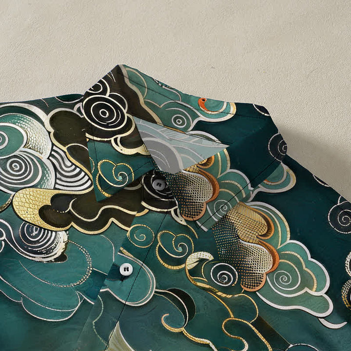 Buddha Stones Vintage Koi Fish Wave Cloud Pattern Buttons Breathable Men's Short Sleeve Shirt - image 2