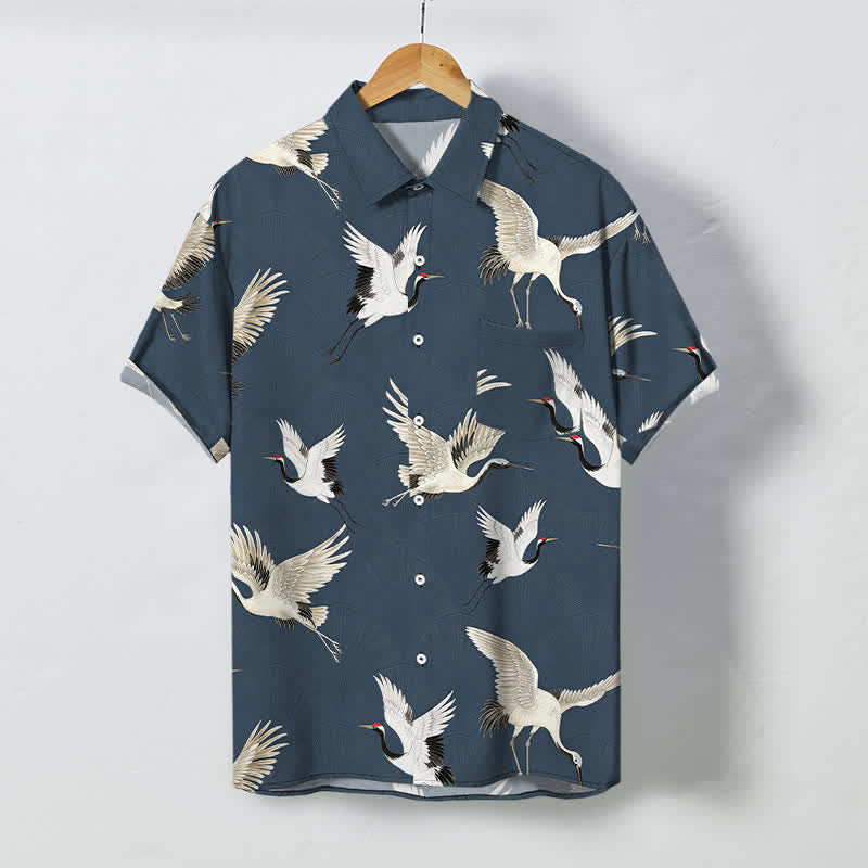 Buddha Stones White Crane Bird Pattern Buttons Breathable Men's Short Sleeve Shirt - SteelBlue - US/UK/AU48，EU58 (4XL) - image 0
