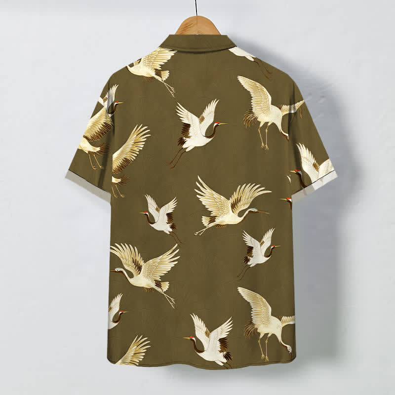 Buddha Stones White Crane Bird Pattern Buttons Breathable Men's Short Sleeve Shirt - image 6