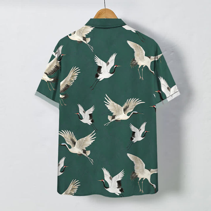 Buddha Stones White Crane Bird Pattern Buttons Breathable Men's Short Sleeve Shirt - image 8