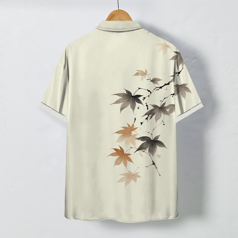 Buddha Stones Autumn Maple Branch Pattern Buttons Breathable Men's Short Sleeve Shirt - image 1