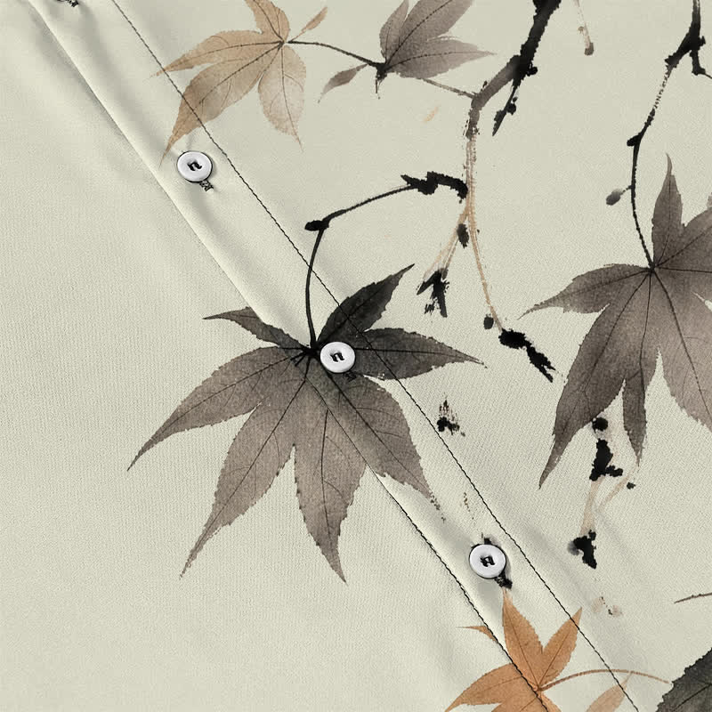 Buddha Stones Autumn Maple Branch Pattern Buttons Breathable Men's Short Sleeve Shirt - image 3