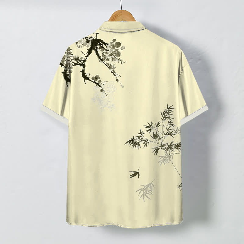 Buddha Stones Ink Bamboo Leaf Tree Branches Pattern Buttons Breathable Men's Short Sleeve Shirt - image 6