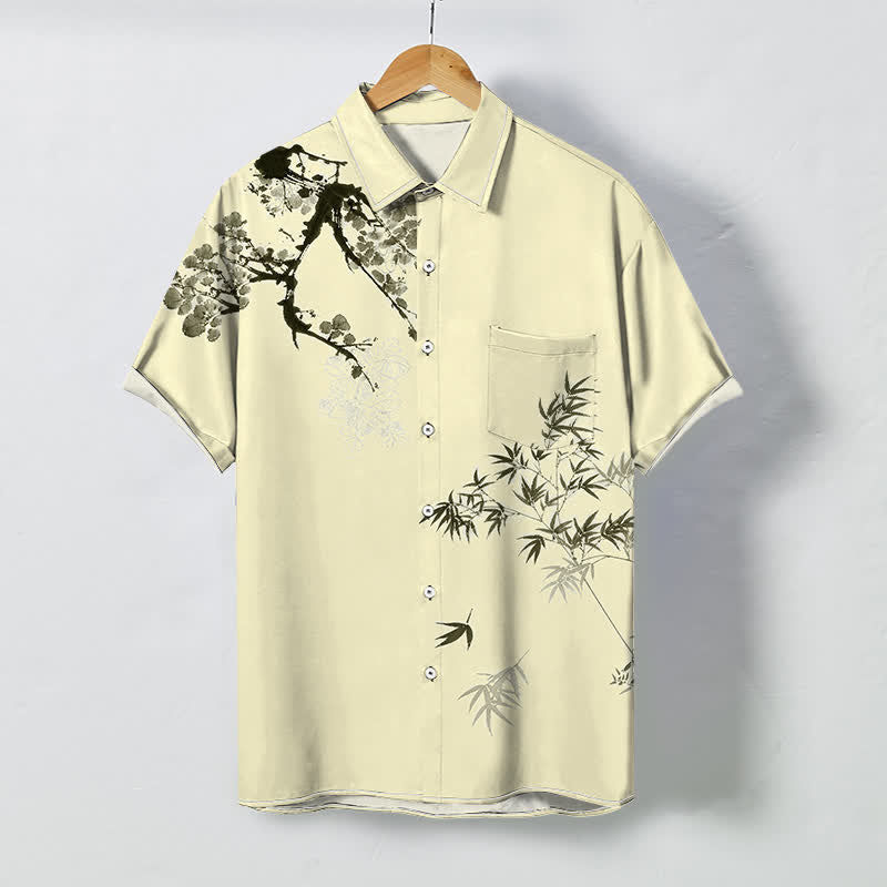 Buddha Stones Ink Bamboo Leaf Tree Branches Pattern Buttons Breathable Men's Short Sleeve Shirt - LightGoldenrodYellow - US/UK/AU48，EU58 (4XL) - image 5