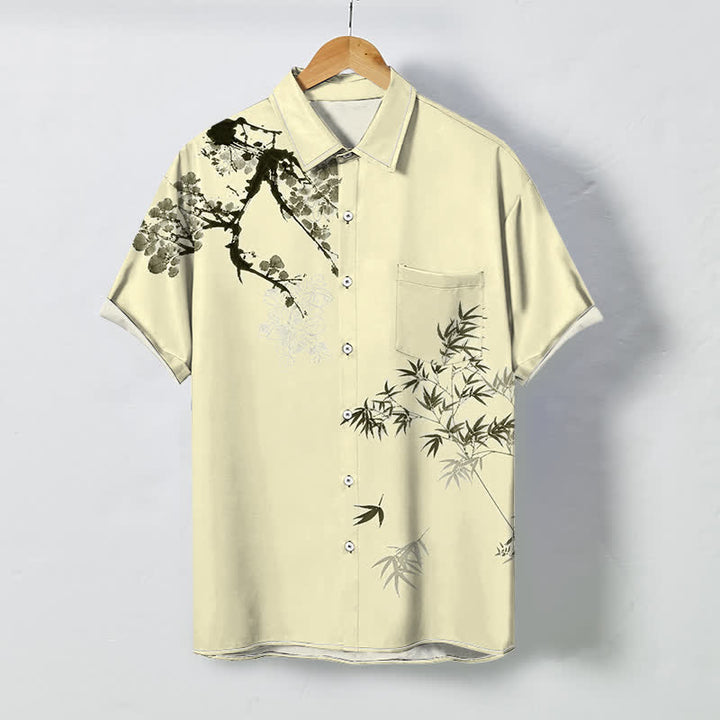 Buddha Stones Ink Bamboo Leaf Tree Branches Pattern Buttons Breathable Men's Short Sleeve Shirt - LightGoldenrodYellow - US/UK/AU48，EU58 (4XL) - image 5