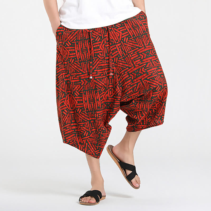 Buddha Stones Summer Boho Casual Drawstring Abstract Geometry Capri Pants Men's Harem Pants With Pocket - image 20